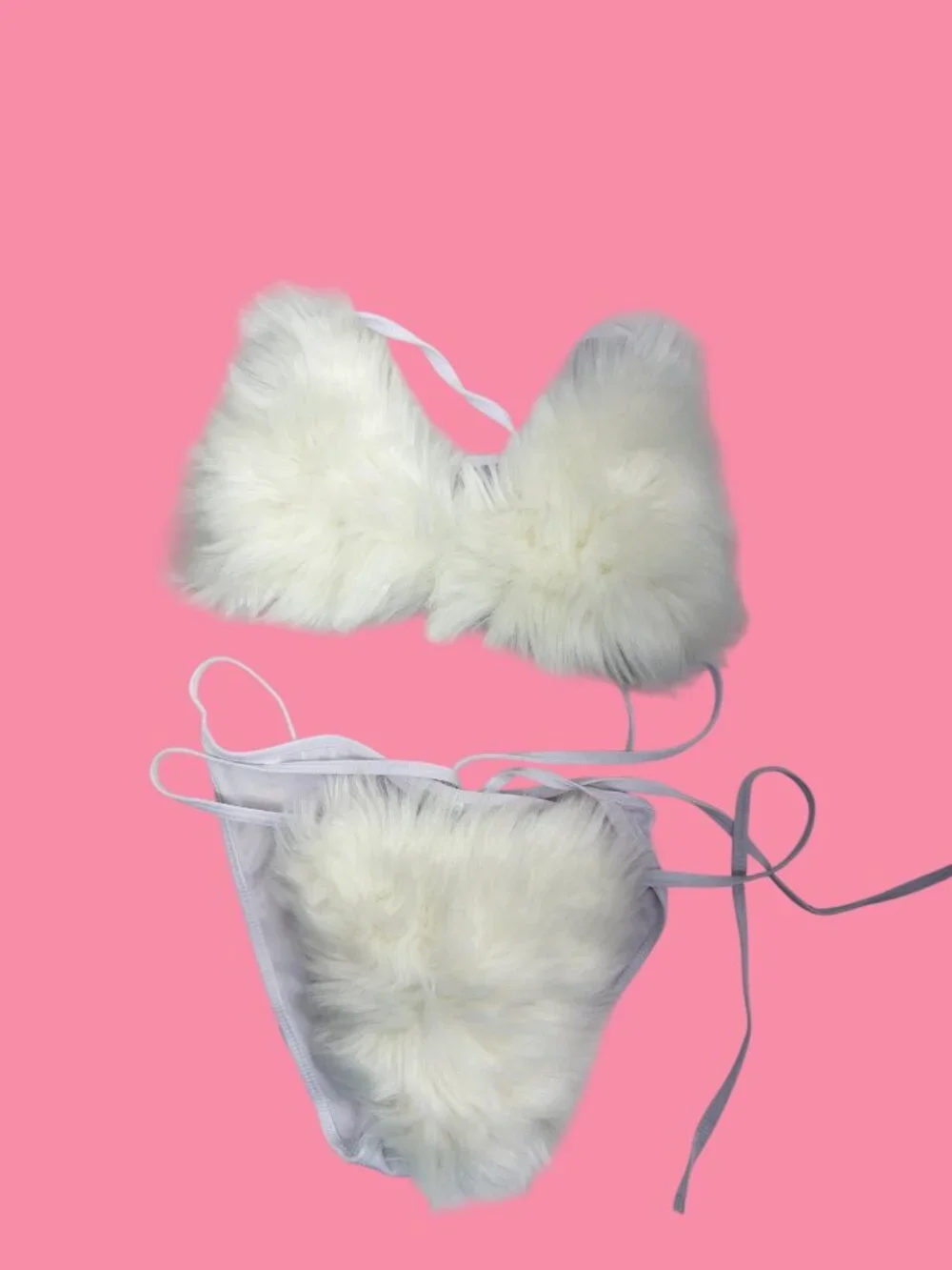 White Rave Faux Fur Two Piece Bikini Size OS